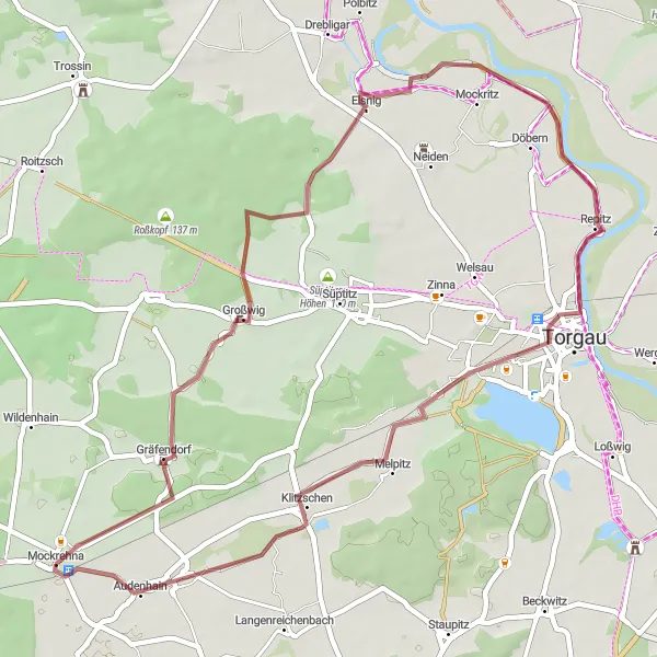 Map miniature of "Mockrehna to Torgau" cycling inspiration in Leipzig, Germany. Generated by Tarmacs.app cycling route planner