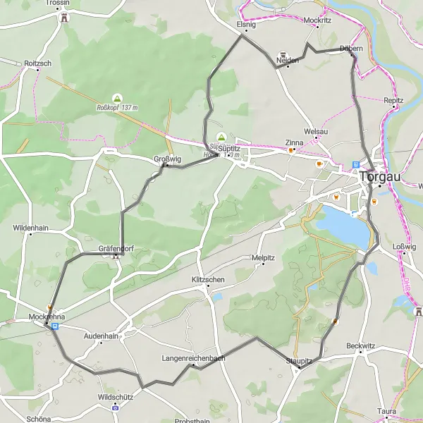 Map miniature of "Gräfendorf Loop" cycling inspiration in Leipzig, Germany. Generated by Tarmacs.app cycling route planner