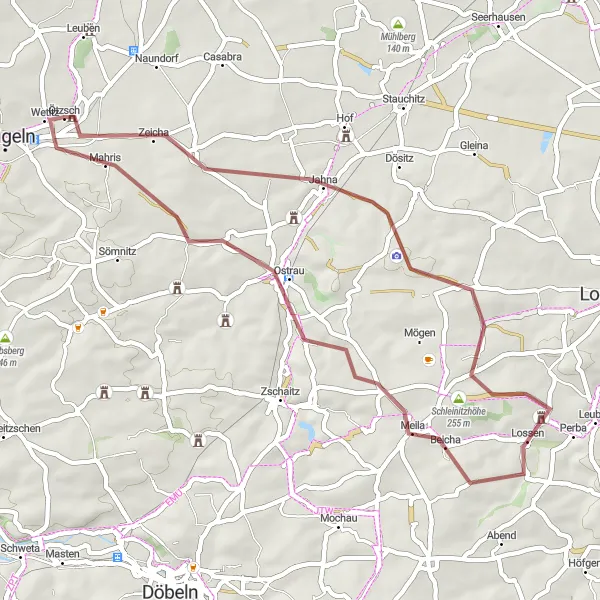 Karten-Miniaturansicht der Radinspiration "Gravel Tour durch die Fuchsberge" in Leipzig, Germany. Erstellt vom Tarmacs.app-Routenplaner für Radtouren