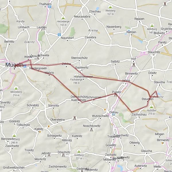 Map miniature of "Mügeln Country Roads" cycling inspiration in Leipzig, Germany. Generated by Tarmacs.app cycling route planner