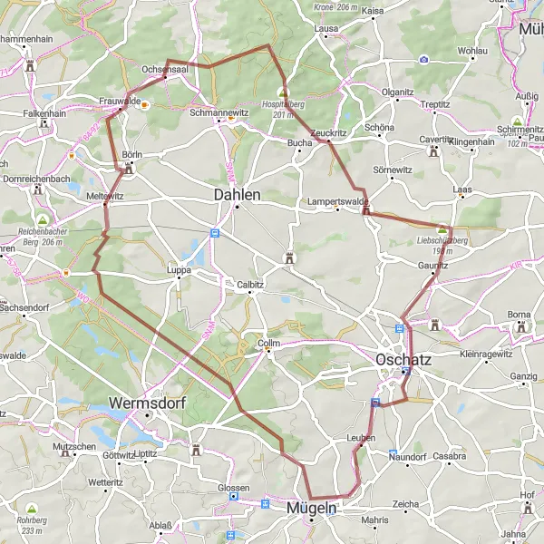 Map miniature of "Wolfsberge Gravel Loop" cycling inspiration in Leipzig, Germany. Generated by Tarmacs.app cycling route planner