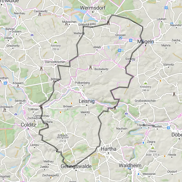 Map miniature of "Leipzig-Mügeln Scenic Route" cycling inspiration in Leipzig, Germany. Generated by Tarmacs.app cycling route planner