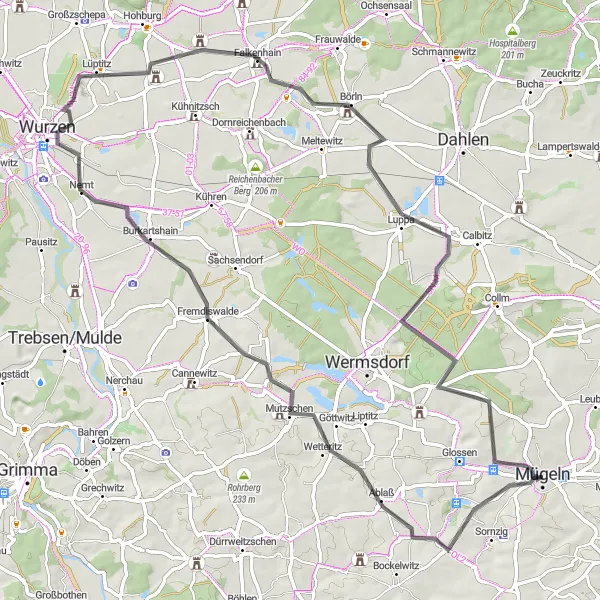 Map miniature of "Mutzschen-Wurzen Scenic Ride" cycling inspiration in Leipzig, Germany. Generated by Tarmacs.app cycling route planner