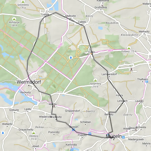 Map miniature of "Wermsdorf Road Loop" cycling inspiration in Leipzig, Germany. Generated by Tarmacs.app cycling route planner