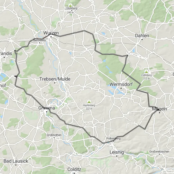 Karten-Miniaturansicht der Radinspiration "Rund um Mügeln - Road Cycling Tour" in Leipzig, Germany. Erstellt vom Tarmacs.app-Routenplaner für Radtouren