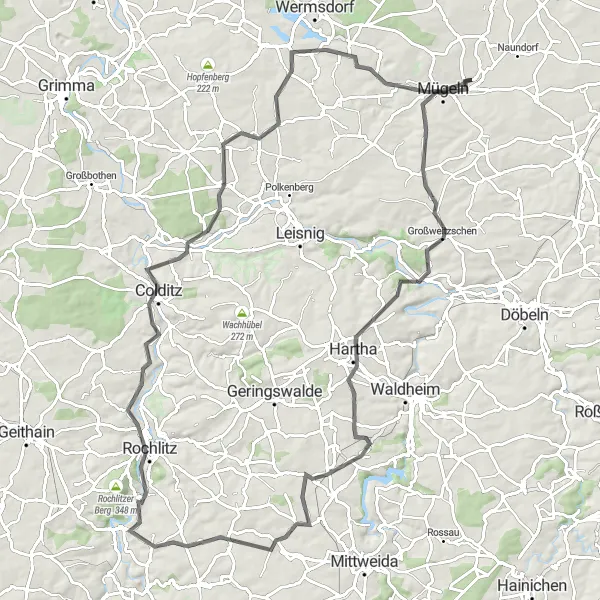 Map miniature of "Rochlitz Challenge" cycling inspiration in Leipzig, Germany. Generated by Tarmacs.app cycling route planner