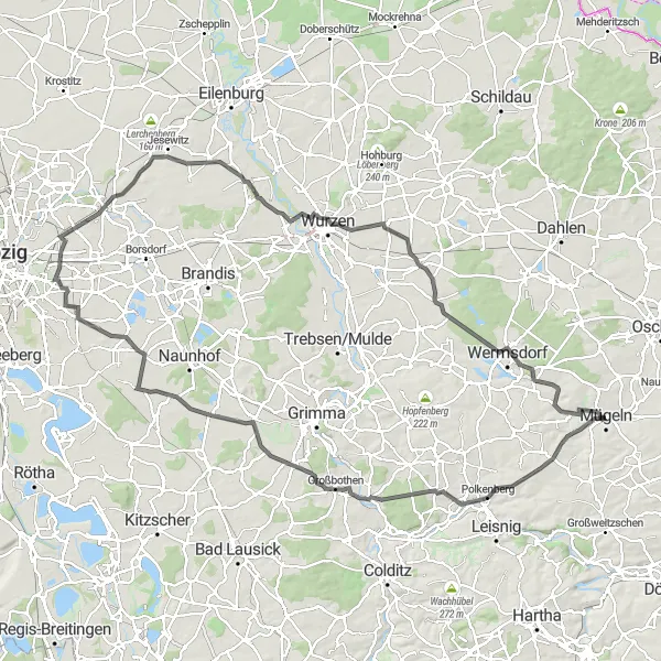 Map miniature of "Wurzen Circuit" cycling inspiration in Leipzig, Germany. Generated by Tarmacs.app cycling route planner