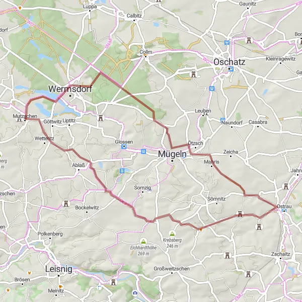 Karten-Miniaturansicht der Radinspiration "Gravelrunde um Mutzschen" in Leipzig, Germany. Erstellt vom Tarmacs.app-Routenplaner für Radtouren