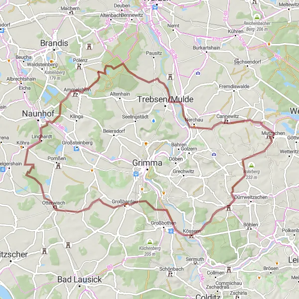 Map miniature of "Scenic Gravel Experience" cycling inspiration in Leipzig, Germany. Generated by Tarmacs.app cycling route planner