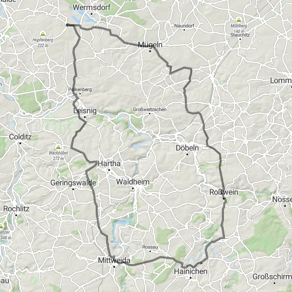 Karten-Miniaturansicht der Radinspiration "Road-Route um Mutzschen" in Leipzig, Germany. Erstellt vom Tarmacs.app-Routenplaner für Radtouren