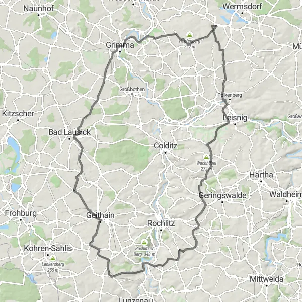 Karten-Miniaturansicht der Radinspiration "Road-Tour um Mutzschen" in Leipzig, Germany. Erstellt vom Tarmacs.app-Routenplaner für Radtouren