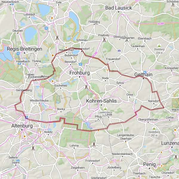 Map miniature of "Scenic Gravel Paradise: Narsdorf Loop" cycling inspiration in Leipzig, Germany. Generated by Tarmacs.app cycling route planner