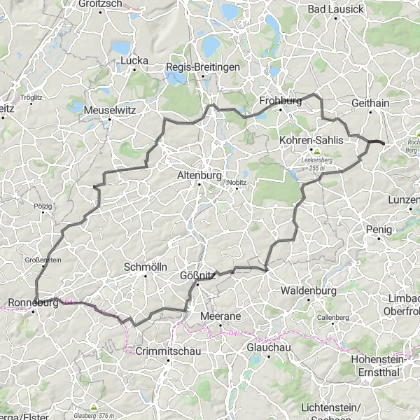 Karten-Miniaturansicht der Radinspiration "Leipzig-Hügelland-Rundweg" in Leipzig, Germany. Erstellt vom Tarmacs.app-Routenplaner für Radtouren