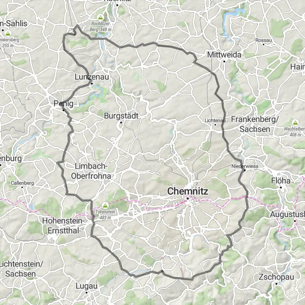 Map miniature of "Narsdorf - Wechselburg - Burgstall Loop" cycling inspiration in Leipzig, Germany. Generated by Tarmacs.app cycling route planner