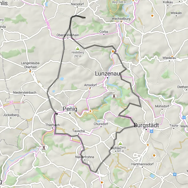 Karten-Miniaturansicht der Radinspiration "Narsdorf - Himmelhartha - Kieferberg - Windberg - Thierbach - Obergräfenhain" in Leipzig, Germany. Erstellt vom Tarmacs.app-Routenplaner für Radtouren