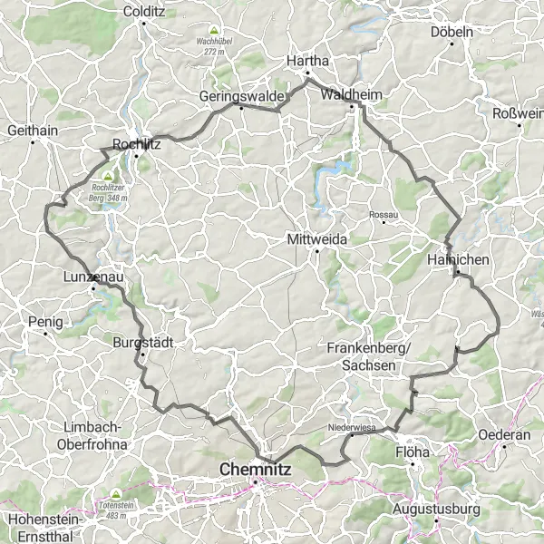 Map miniature of "Narsdorf - Rochlitz - Buchenberg Loop" cycling inspiration in Leipzig, Germany. Generated by Tarmacs.app cycling route planner