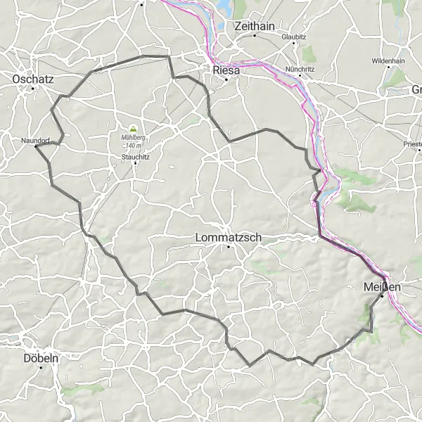 Map miniature of "The Hirschstein and Meissen Loop" cycling inspiration in Leipzig, Germany. Generated by Tarmacs.app cycling route planner