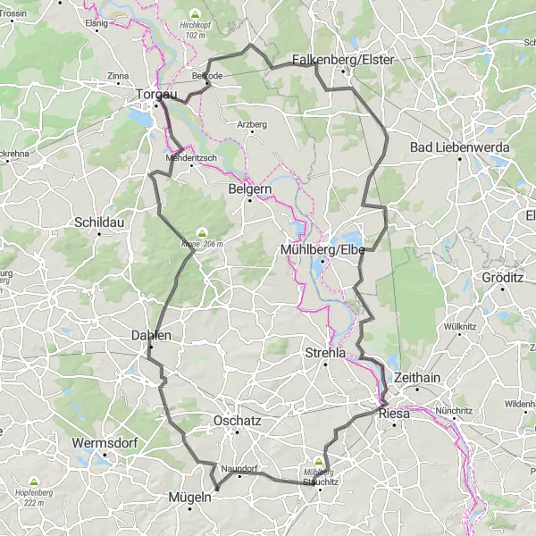 Karten-Miniaturansicht der Radinspiration "Leuben und Torgau Roadtour" in Leipzig, Germany. Erstellt vom Tarmacs.app-Routenplaner für Radtouren
