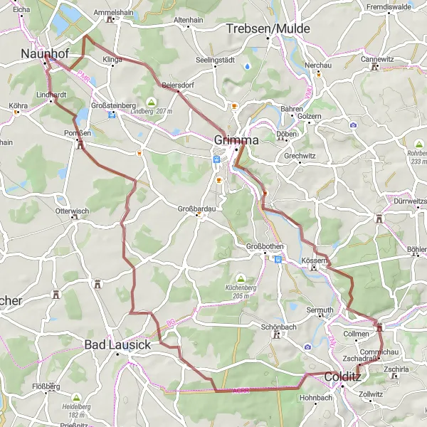 Karten-Miniaturansicht der Radinspiration "Rundfahrt über Steinklippen und Geldberg" in Leipzig, Germany. Erstellt vom Tarmacs.app-Routenplaner für Radtouren