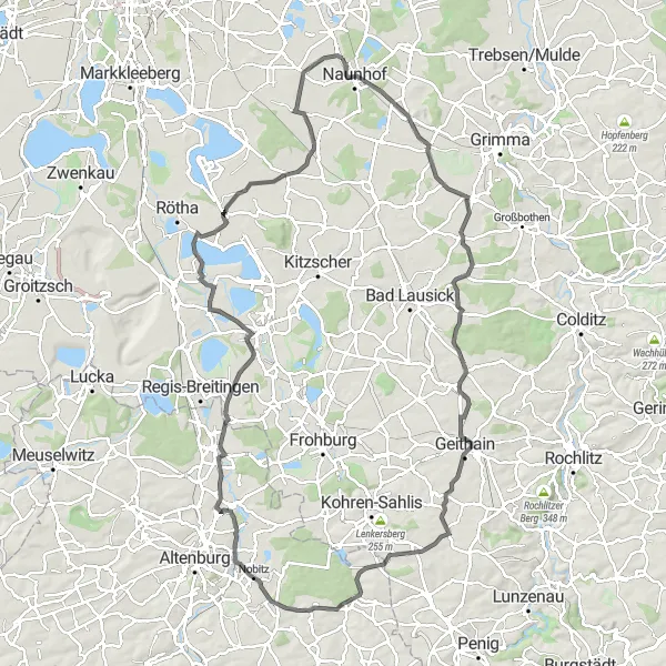 Map miniature of "The Ultimate Road Cycling Challenge Near Naunhof" cycling inspiration in Leipzig, Germany. Generated by Tarmacs.app cycling route planner