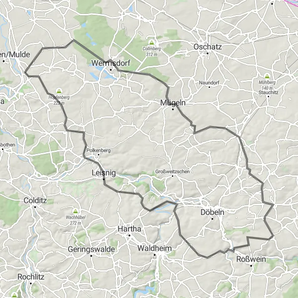 Karten-Miniaturansicht der Radinspiration "Abenteuerliche Tour von Nerchau nach Leisnig" in Leipzig, Germany. Erstellt vom Tarmacs.app-Routenplaner für Radtouren