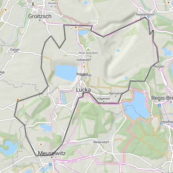Map miniature of "Deutzen Loop" cycling inspiration in Leipzig, Germany. Generated by Tarmacs.app cycling route planner