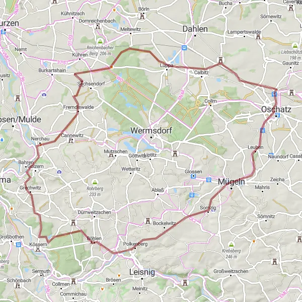 Karten-Miniaturansicht der Radinspiration "Gravel Tour um Mügeln" in Leipzig, Germany. Erstellt vom Tarmacs.app-Routenplaner für Radtouren