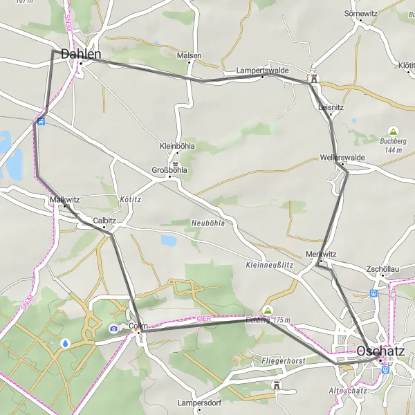 Map miniature of "Dahlen road loop" cycling inspiration in Leipzig, Germany. Generated by Tarmacs.app cycling route planner