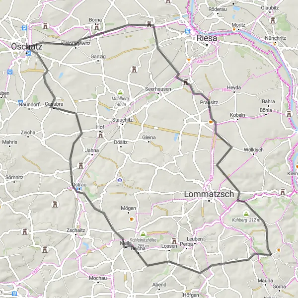 Karten-Miniaturansicht der Radinspiration "Oschatz Talbergrunde" in Leipzig, Germany. Erstellt vom Tarmacs.app-Routenplaner für Radtouren