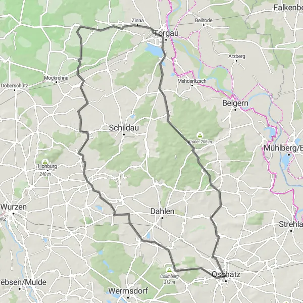 Karten-Miniaturansicht der Radinspiration "Tour durch die grünen Hügel rund um Oschatz" in Leipzig, Germany. Erstellt vom Tarmacs.app-Routenplaner für Radtouren