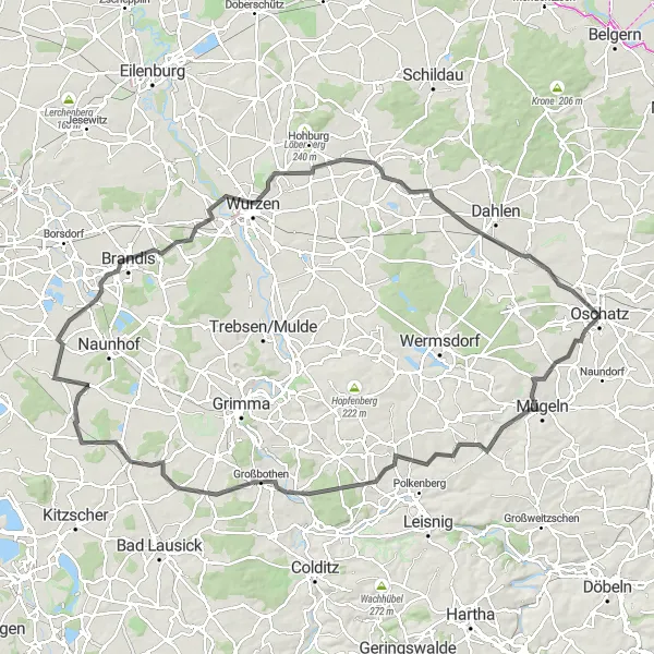 Map miniature of "Mulde Valley Tour" cycling inspiration in Leipzig, Germany. Generated by Tarmacs.app cycling route planner