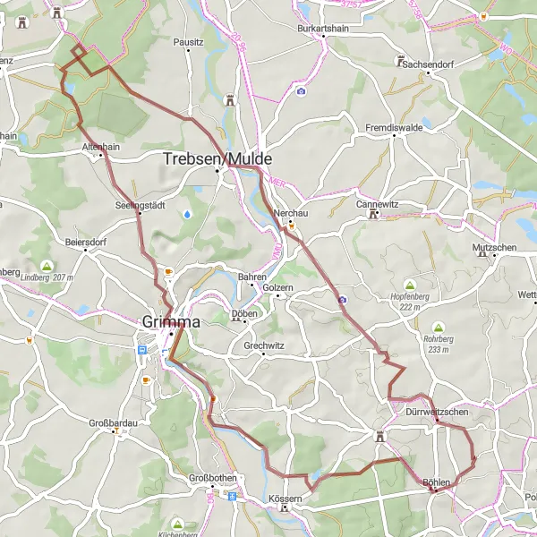Map miniature of "Ostrau - Muschau - Steinklippen - Pöppelmannbrücke - Pfarrberg - Deditz - Deditzhöhe - Dürrweitzschen" cycling inspiration in Leipzig, Germany. Generated by Tarmacs.app cycling route planner