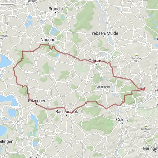 Map miniature of "Ostrau - Heideberg - Schönbach - Geldberg - Thierbach - Schloßberg - Threna" cycling inspiration in Leipzig, Germany. Generated by Tarmacs.app cycling route planner