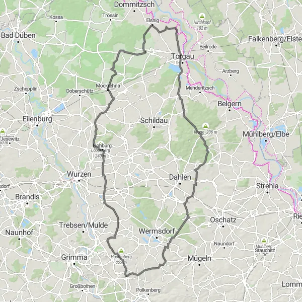 Map miniature of "Ostrau - Schmiedeberg - Fremdiswalde - Körlitz - Kleiner Berg - Wacht-Hübel - Mockrehna - Süptitzer Höhen - Döbern - Feldberg - Reudnitz - Collm -&#8203; Collmberg - Haferberg - Dürrweitzschen" cycling inspiration in Leipzig, Germany. Generated by Tarmacs.app cycling route planner