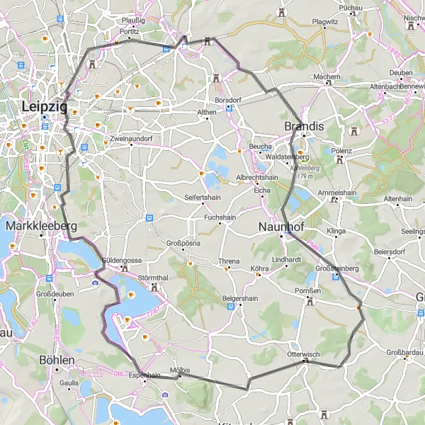 Map miniature of "Countryside Road Cycling" cycling inspiration in Leipzig, Germany. Generated by Tarmacs.app cycling route planner