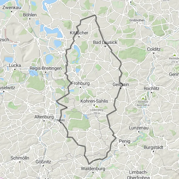 Karten-Miniaturansicht der Radinspiration "Auf zu Nobitz und Kitzscher" in Leipzig, Germany. Erstellt vom Tarmacs.app-Routenplaner für Radtouren
