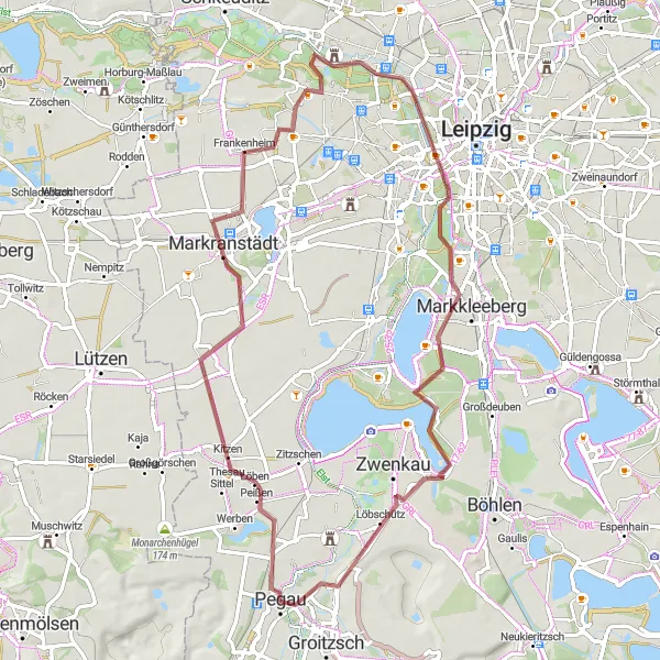 Map miniature of "Markranstädt Gravel Loop" cycling inspiration in Leipzig, Germany. Generated by Tarmacs.app cycling route planner