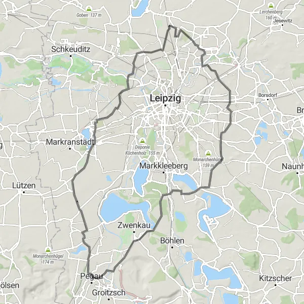 Map miniature of "Kleinschkorlopp Loop" cycling inspiration in Leipzig, Germany. Generated by Tarmacs.app cycling route planner