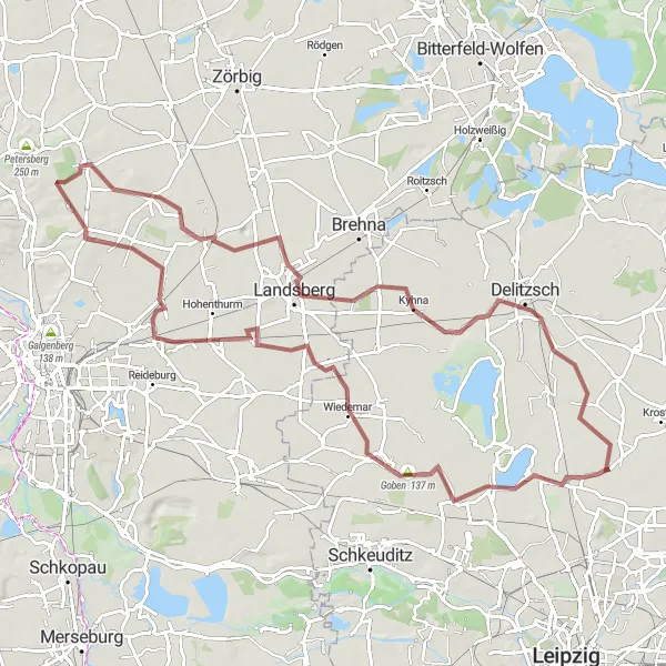 Map miniature of "Rackwitz to Delitzsch Gravel Loop" cycling inspiration in Leipzig, Germany. Generated by Tarmacs.app cycling route planner