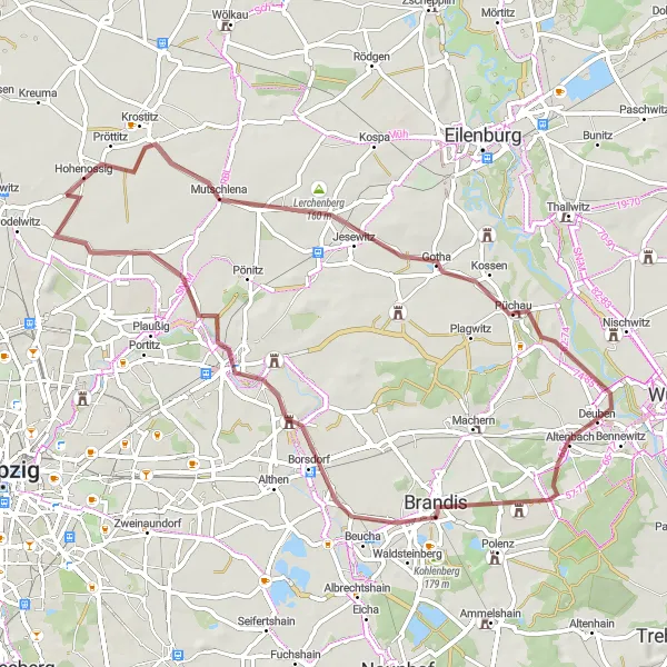 Map miniature of "Exploring Natural Beauty: Lerchenberg and Püchau Gravel Experience" cycling inspiration in Leipzig, Germany. Generated by Tarmacs.app cycling route planner