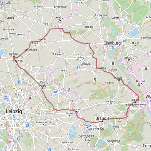 Map miniature of "Scenic Gravel Adventure: Rackwitz to Kreuma Loop" cycling inspiration in Leipzig, Germany. Generated by Tarmacs.app cycling route planner