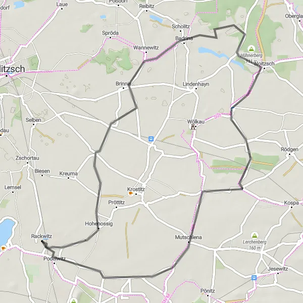 Map miniature of "Journey to Hohenossig and Göbschelwitz" cycling inspiration in Leipzig, Germany. Generated by Tarmacs.app cycling route planner