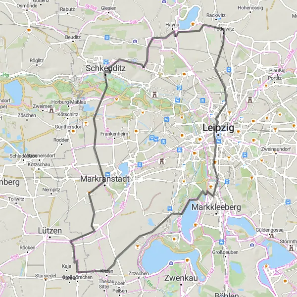 Map miniature of "Leipzig's Cycling Tour, Cospudener See and Großgörschen" cycling inspiration in Leipzig, Germany. Generated by Tarmacs.app cycling route planner