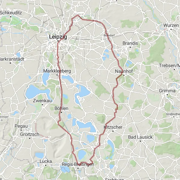 Karten-Miniaturansicht der Radinspiration "Rundfahrt um Regis-Breitingen und Leipzig" in Leipzig, Germany. Erstellt vom Tarmacs.app-Routenplaner für Radtouren