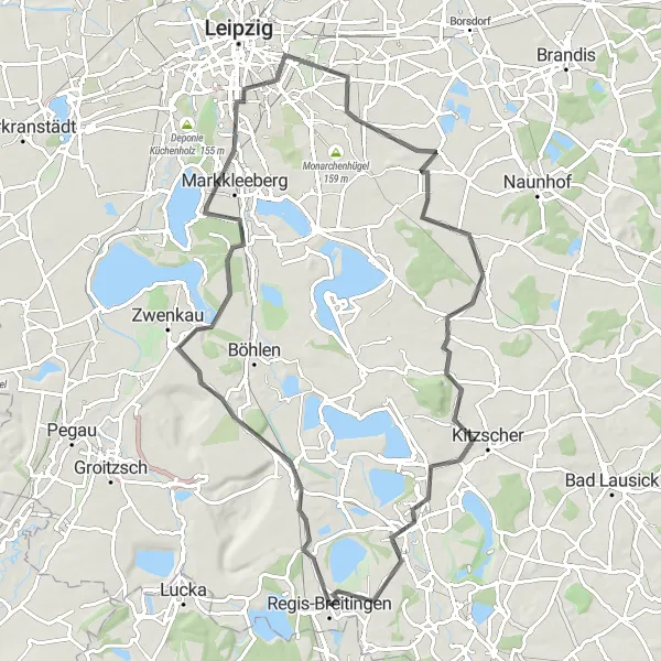 Karten-Miniaturansicht der Radinspiration "Radroute um Regis-Breitingen und den Cospudener See" in Leipzig, Germany. Erstellt vom Tarmacs.app-Routenplaner für Radtouren