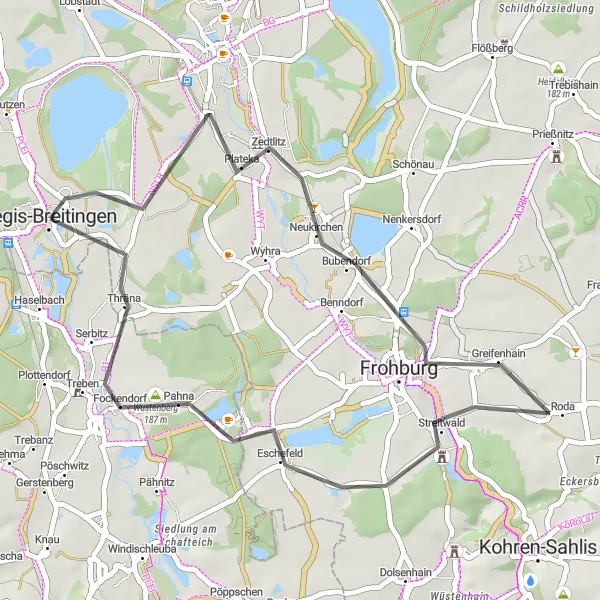 Map miniature of "Countryside Charm and Cultural Landmarks" cycling inspiration in Leipzig, Germany. Generated by Tarmacs.app cycling route planner