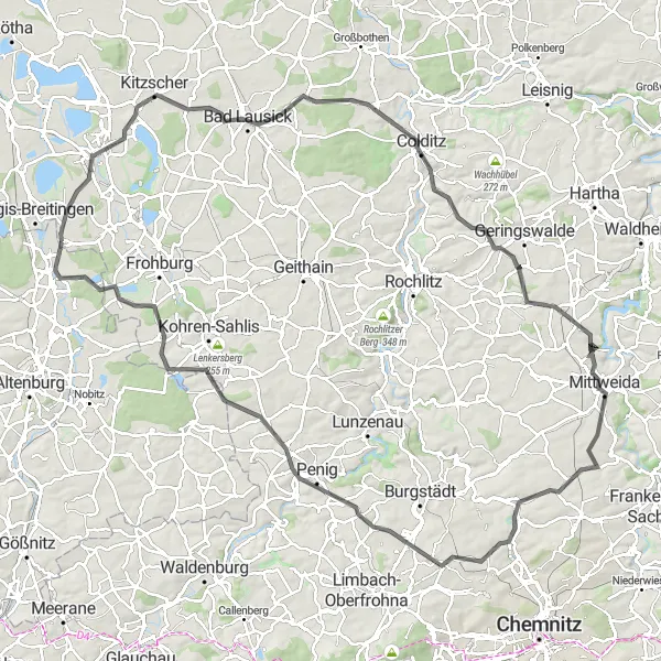 Map miniature of "Challenging Hills and Historic Landmarks" cycling inspiration in Leipzig, Germany. Generated by Tarmacs.app cycling route planner