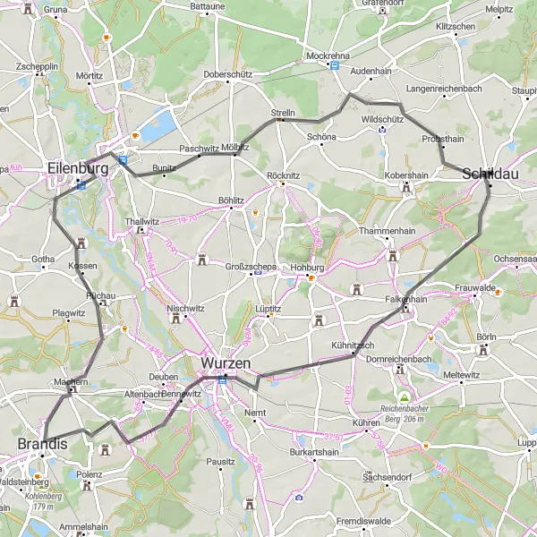 Karten-Miniaturansicht der Radinspiration "Straßenradtour durch die Röcknitzer Berge" in Leipzig, Germany. Erstellt vom Tarmacs.app-Routenplaner für Radtouren