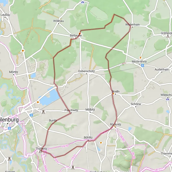 Map miniature of "The Gravel Escape" cycling inspiration in Leipzig, Germany. Generated by Tarmacs.app cycling route planner