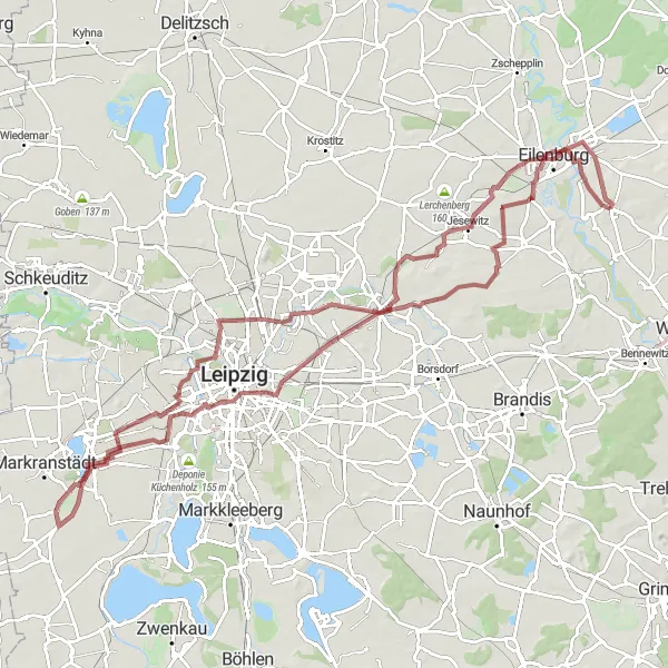 Map miniature of "The Gravel Adventure" cycling inspiration in Leipzig, Germany. Generated by Tarmacs.app cycling route planner